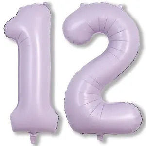 Pastel Purple Birthday Balloon Numbers 12, 40 Inch Giant Light Purple Foil Mylar Number 1 And 2 Helium Balloons For Girls 12Th Birthday, Lilac 12 Balloons For Women 21St Anniversary Party Decorations