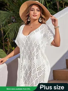 【Plus Size】 Solid V Neck Sweater Dress, Casual Swimsuit Cover Up Dress for Beach Vacation, Women's Plus Clothing for All Seasons