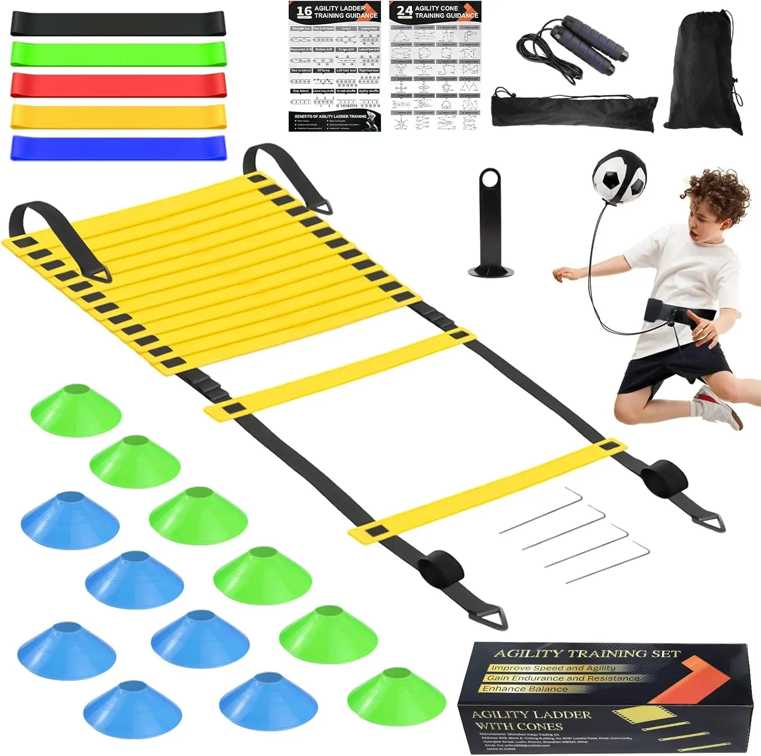 Speed Agility  Equipment Set, Agility Ladder 20ft, 12 Football Cones, Resistance Parachute/Soccer Kick Trainer, Jump Rope, 5 Resistance Bands, Football Practice Equipment for  Adults