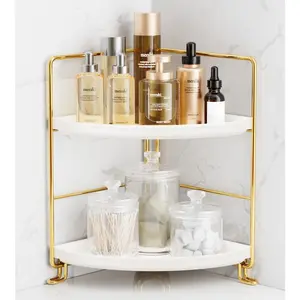 2-Tier Corner Bathroom Counter Organizer, Tool-Less Installation Vanity Shelf Small Plastic Countertop Makeup Tray Skincare Perfume Organizers (Gold)