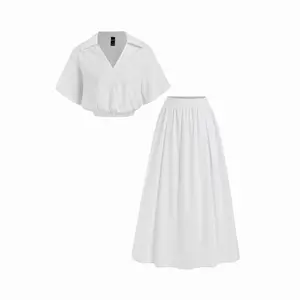 Cider 100% Cotton V-Neck Short Sleeve Top & Mid Rise Flared Maxi Skirt Set