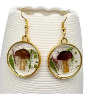 18k Gold Plated Stainless  Earrings with dried babies breath and mushrooms