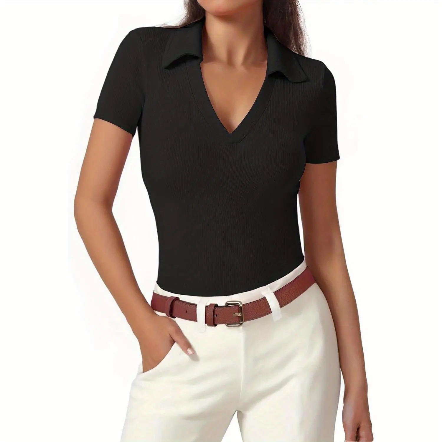 Women's polo shirt, short-sleeve business casual top, V-neck collared professional shirt, slim-fit ribbed T-shirt Polo Tees Black Shortsleeve Vneck Womenswear Basic Minimalist