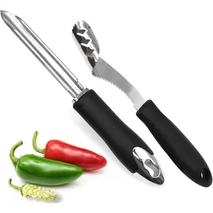 Jalapeno Pepper Corer, Set of 2, Stainless Steel Zucchini Cucumber Corer with Serrated Slice and Rubber Handle, Core Deseeder for Jalapenos, Chilis, Bell Peppers