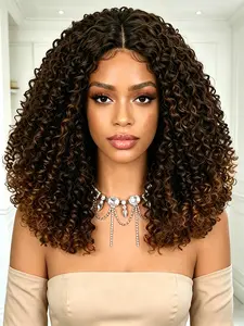 V Part 16inch Kinky Curly Deep Wavy Curly Wig, Ombre Brown Synthetic Wig for Black Women, Short Curly Wig with Natural Hairline for Daily Wear&Party, Black Women Wigs