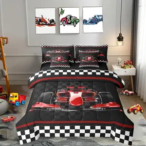 3D Red Formula Car Bed Sets,7 Pieces,Extreme Sports Comforter Set,Red Stripes Geometric Grid Plaid Bedding Set