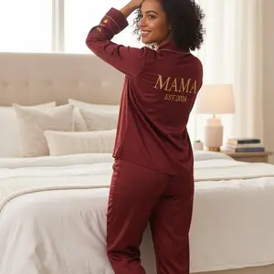 Personalized Satin Pajama Set for Moms with Children's Names Custom Christmas Gift for Mom Matching Family Pajamas Holiday Gift for Women Luxurious Soft Satin with Elegant Piping Loungewear Long Sleeve Nightwear Womenswear Homewear Pyjamas Burgundy Pjs