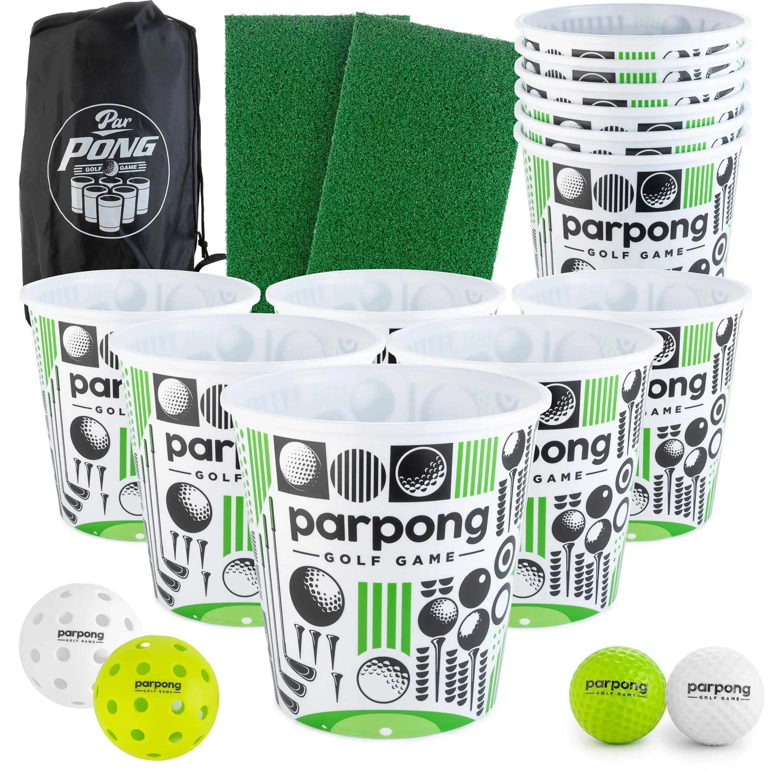 Par Pong Backyard Golf Chipping Game – Outdoor Golf Game with 12 Buckets, 2 Hitting Mats & Golf Balls – for Adults, Tailgating, BBQ, Parties & Gifts for Golfers.