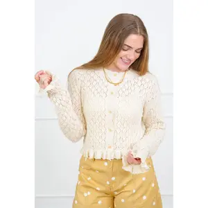 Restock! Knit Long Sleeve Button Down Ruffle Trim Cardigan