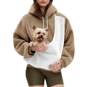 Freaswind Women's Oversized Flannel Hoodie with Pet Pouch - Kangaroo Pocket Dog Cat Carrier Sweatshirt, Long Sleeve Pullover for Pet Lovers