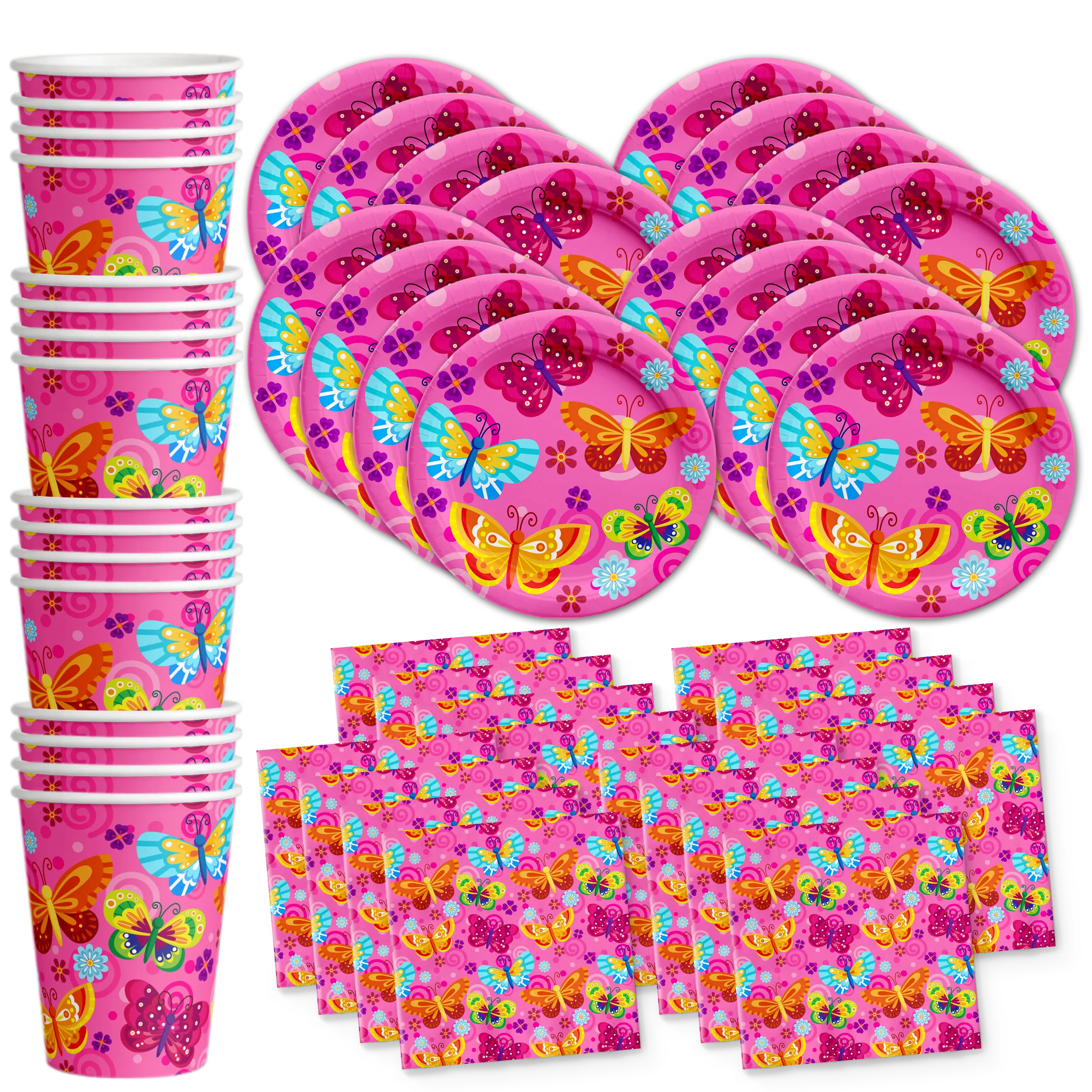 Pink Butterfly Party Birthday Party Tableware Kit For 16 Guests
