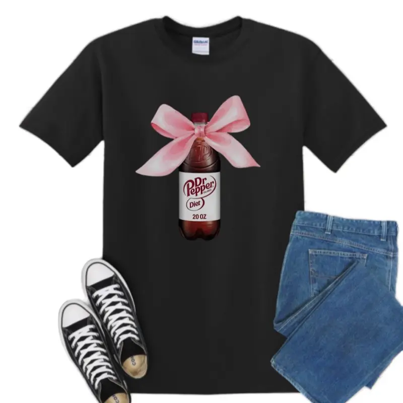 Dr. Pepper Diet T-Shirt Black Short Sleeve Top with Bottle Design & Pink Bow Detail Casual Women's T-Shirt for Everyday Wear, Shortsleeve, Available In Black