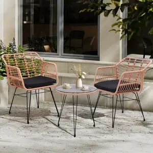3 Piece Wicker Patio Bistro Furniture Set Includes 2 Rattan Arm Chairs & Glass Top Table with Modern Hair Pin Legs, Ideal for Porch, Patio, Balcony, Quality Materials, Fast Assembly