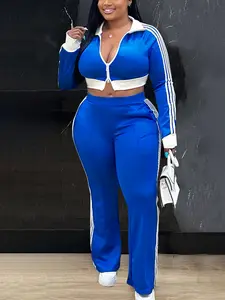 Women's Short Zipper Jacket + Long Pants Set, Side Striped Colorblock Sportswear, High Waist Fitted Crop Top, Fall & Winter Classic Style