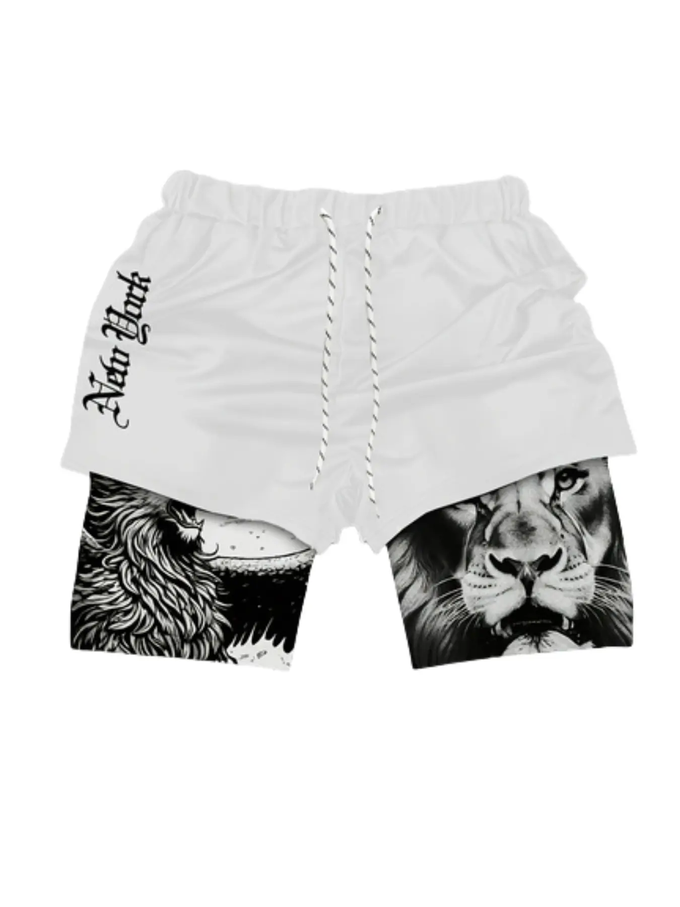 Anime Lion Performance Shorts Summer Double Layer Beach Pants Fitness Training Pant Sports Swimming Shorts with Yellow and Black Trim