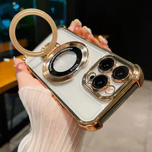 Magnetic Ring Holder Bracket Protective Case For iPhone 15 11 12 13 14 Pro Max Plus Luxury Plating Transparent Shockproof Cover Accessories