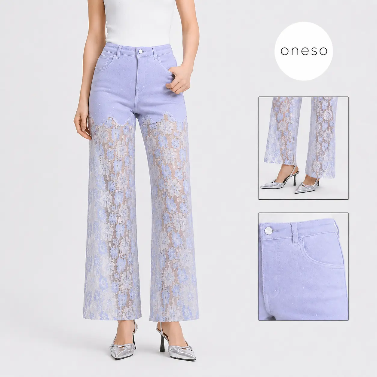 ONESO Light Purple Wide Leg Jeans for Women High Rise Soft Denim Lace Pants Fresh Summer Vacation Casual Look