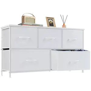 5 Dresser Chest Bedroom, Metal Frame And Wood Top For TV Stand Up To 40 Inch With Fabric Storage Drawer Units For Living Room