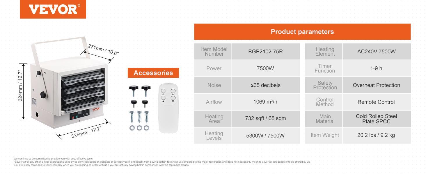VEVOR Electric Garage Heater, TikTokShopBlackFriday, 7500-Watt Digital Fan-Forced Wall/Ceiling Mount Shop Heater, with Remote Control Overheat Protection, Hardwired Heater with 9-Hour Timer, Ideal for Workshop, ETL Listed
