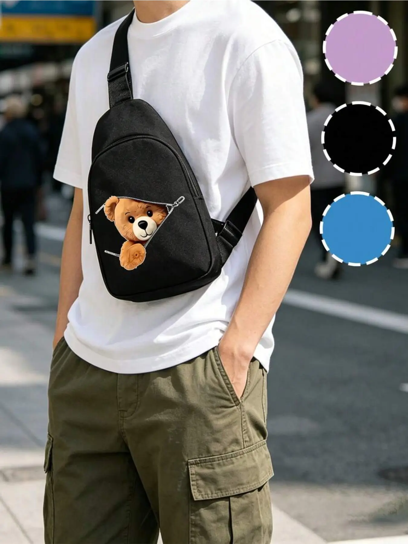 A mini chest bag with a Christmas cartoon zipper bear pattern, nylon zipper closure, can be worn on the shoulder, ideal back-to-school, New Year, birthday gift for students, lightweight coin purse, Zipper Bum Bag, Zipper Fanny Pack