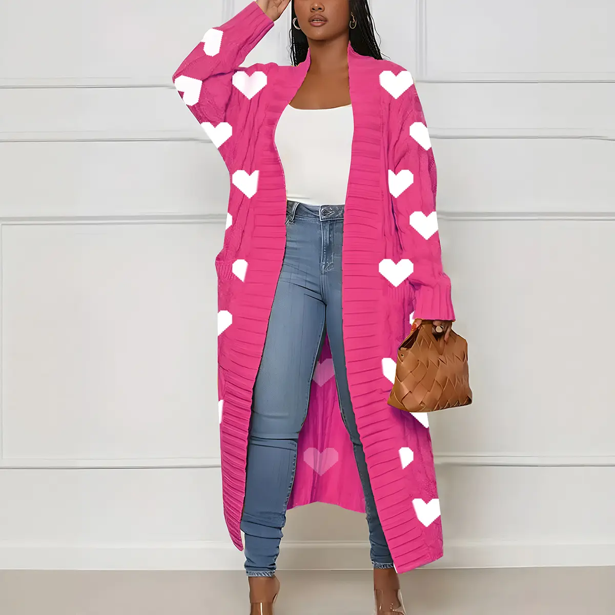 Women's Chic Style Polyester Basic Long-Sleeve Knitwear Cardigan - Baggy, Solid-Color Textured Fabric, Drop Shoulder, Pocket, Longline, Open-Front for Fall & Winter, Everyday Wear with Jeans or Leggings, Clothes, Plain, Casual
