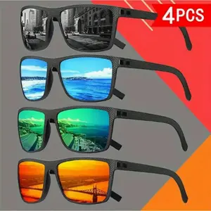 4pcs Set of Fashionable Polarized Glasses for Men and Women - Classic Square Glasses, Durable PC Frame+Lens, Suitable for Daily Leisure, Available in Multiple Colors, Retro Sunshade with Elastic Glasses - Suitable for Sports