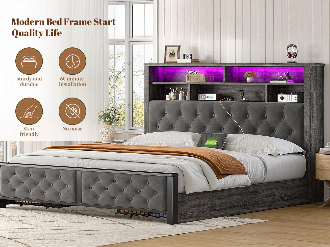 Raybee Luxury Modern LED Bed Frame with Power Stripes, Tufted Velvt Upholstered Full /Queen/King Size Bed Frame with Bookcase Storage Headboard, Heavy Duty Platform Bed Frame Holds 900LBS, NO Noise, No Box Spring Needed, Space Saving Hacks, Beige, Gray