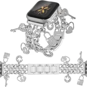 Cuban Chain silvery  Band Compatible with Apple Watch Bands 38/40/41/42/44/45 46 49mm Women,Bling Diamond Chain Dressy Metal Wristband Cute Charms Pendants for iWatch Series 10 9 8 7 6 5 4 3 SE Ultra