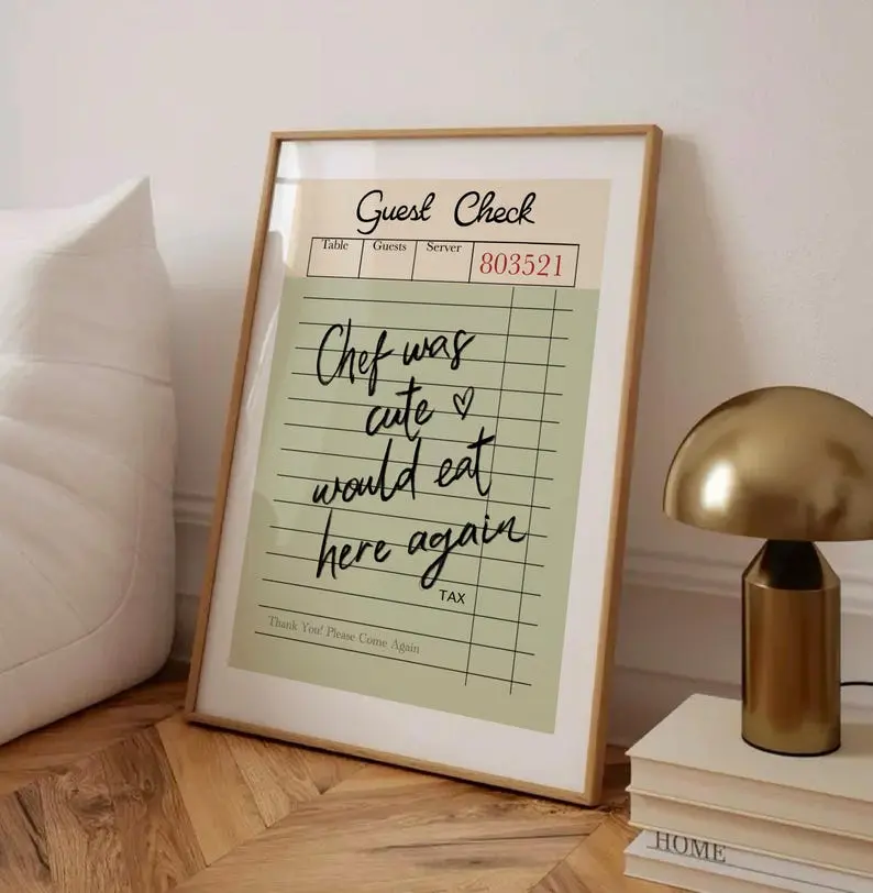 Guest Check Print, Trendy Chef Was Cute Would Eat Here Again Wall Art, Retro Kitchen Poster, Dining Room Print, Green Guest Check Poster