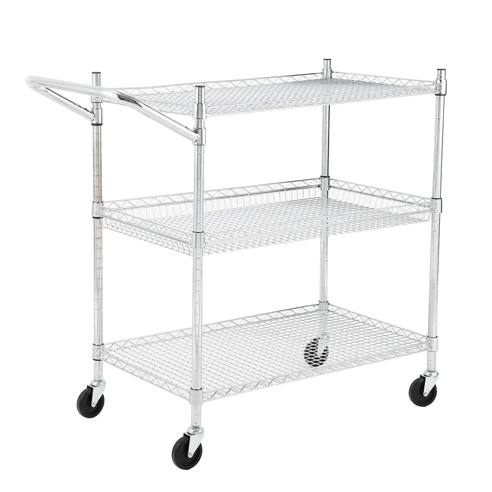 GARVEE Heavy Duty Commercial Grade Adjustable Utility Organiser Cart - 3 Tires, Low Handle Bar, Steel Service Cart with Racks and Wheels