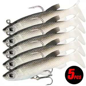 5pcs Soft Fishing Lures, Topwater Fishing Lure, Herring Minnow Swimbaits, Pre-Assembled Lead Head Hooks, Suitable for Bass Trout Sunfish, Freshwater Saltwater, Largemouth Bass Lure