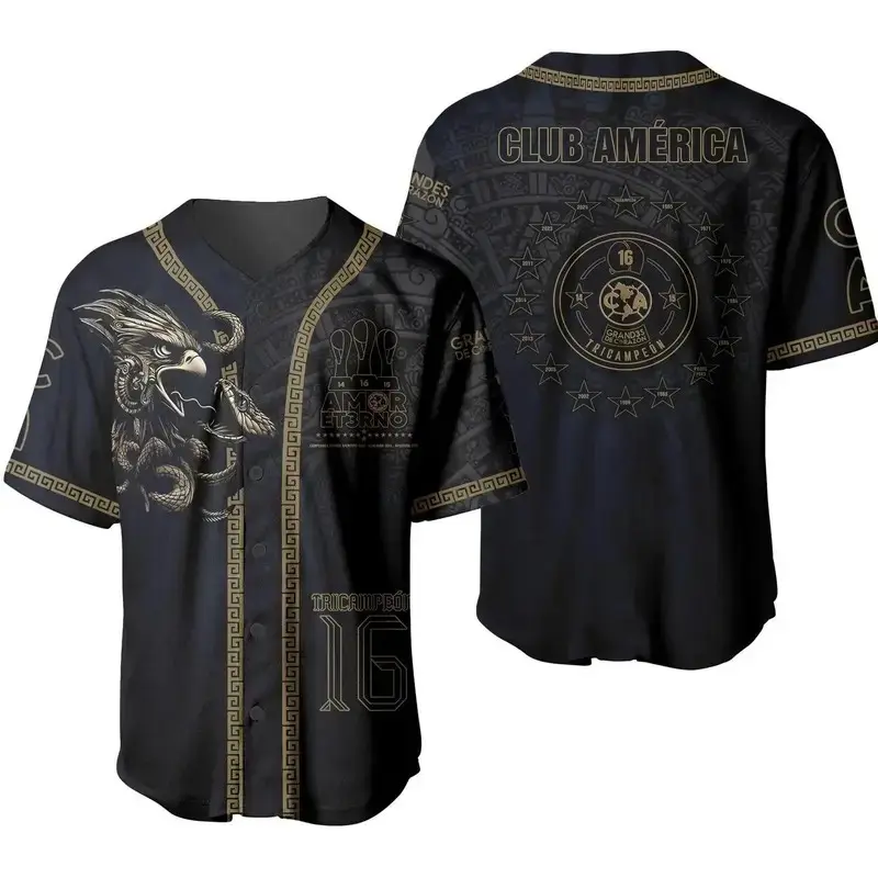 Club America Baseball Jersey Las Aguilas Aztec Eagle Tricampeon 16 Button Up Shirt Premium Mesh Football Soccer Fan Streetwear Sports Gift for Men Women