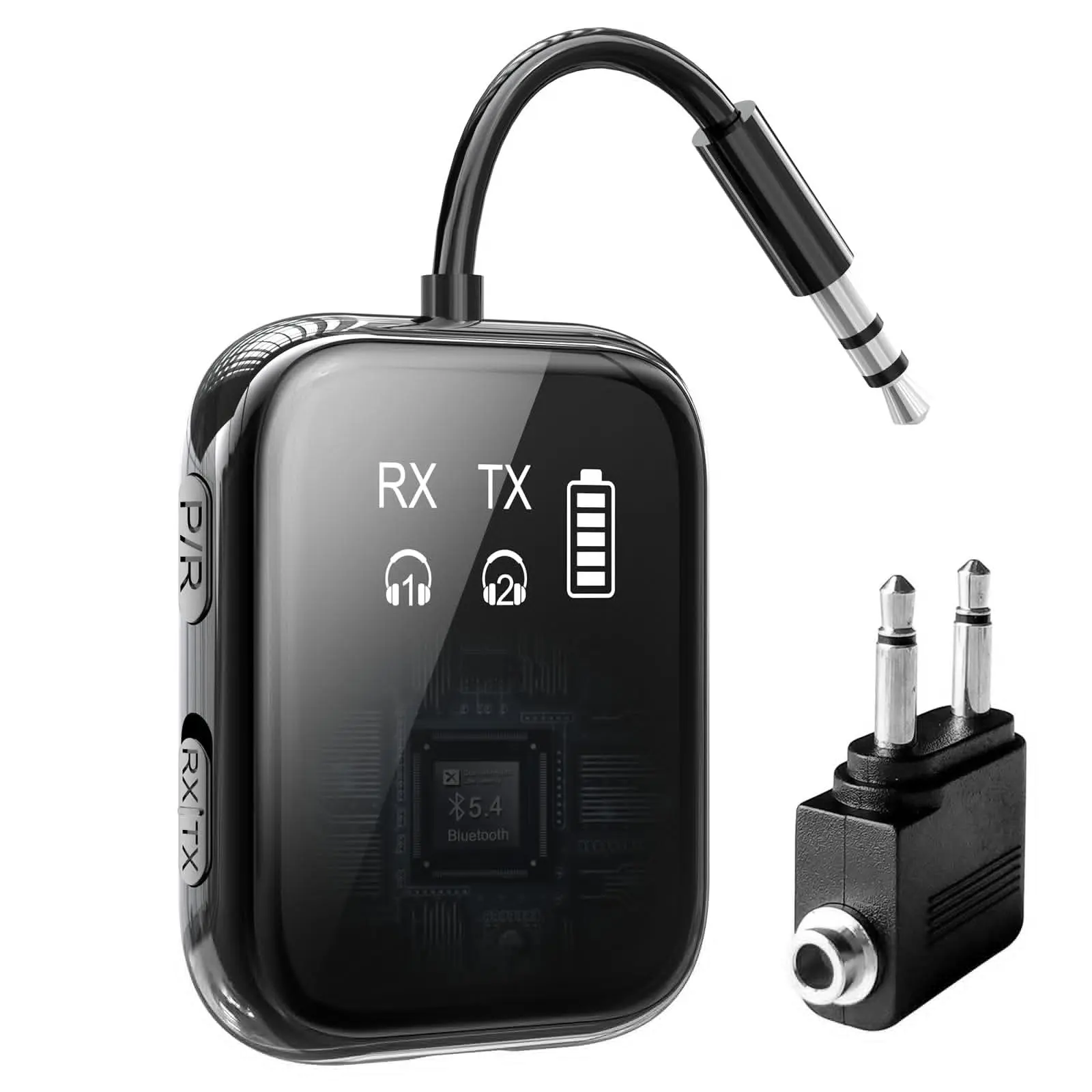Bluetooth 5.4 Transmitter Receiver, 2-in-1 Low-Latency Wireless Audio Adapter with Dual Device Pairing, Built-In Mic, 30H Battery, 3.5mm AUX for TV, PC, Car, Gym