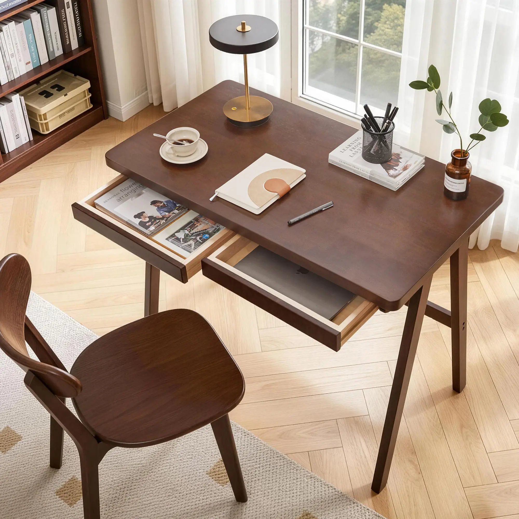 100% Solid Rubber Wood Computer Desk, Retro Walnut Writing Desk with Drawer, Sturdy A-Frame Leg, 39.37"×21.62", 1.38" Extra Thick Home Office Study TableW5368P512518