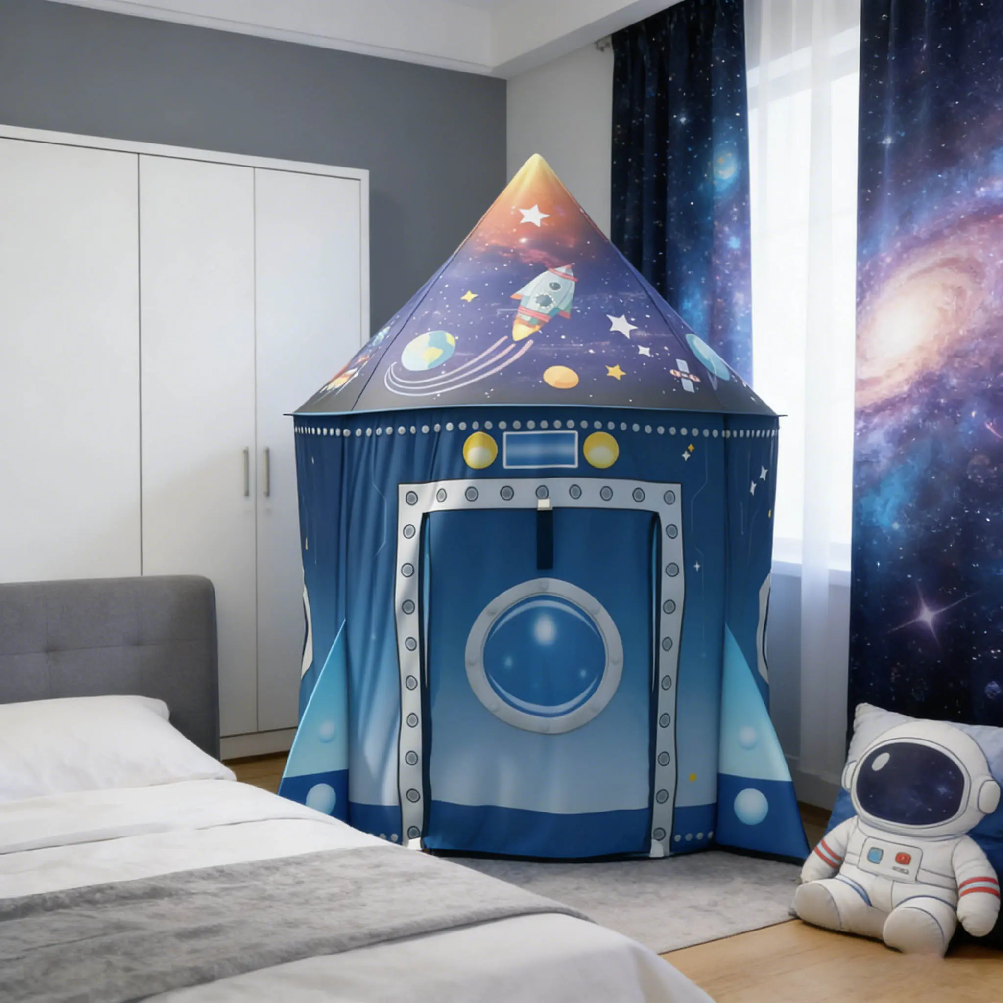 Kids' Space Theme Rocket-Shaped Foldable Tent - Non-Fabric, Unisex, Breathable, Portable for Easy Storage, Ideal for Indoor & Kids' Outdoor Play