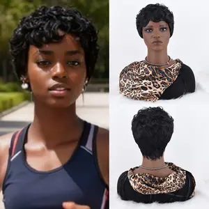 YVELIEN Pixie Cut Short Bob Wig for Black Women 100% Brazilian Human Hair Full Machine Made Glueless Natural Black Curly Wig with Side-Swept Fringe and Large Pin-Curls