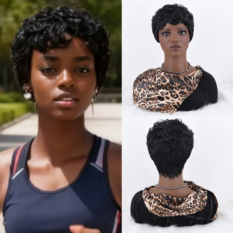 YVELIEN Female Synthetic Hair Curly Pixie Cut Short Bob Wig for Black Women - Side Swept Fringe, Large Pin-Curls, Rippled Back, Glueless Elastic Net Cap, Heat Resistant, Trendy Contrasting Textures, Natural Black for Busy Mornings