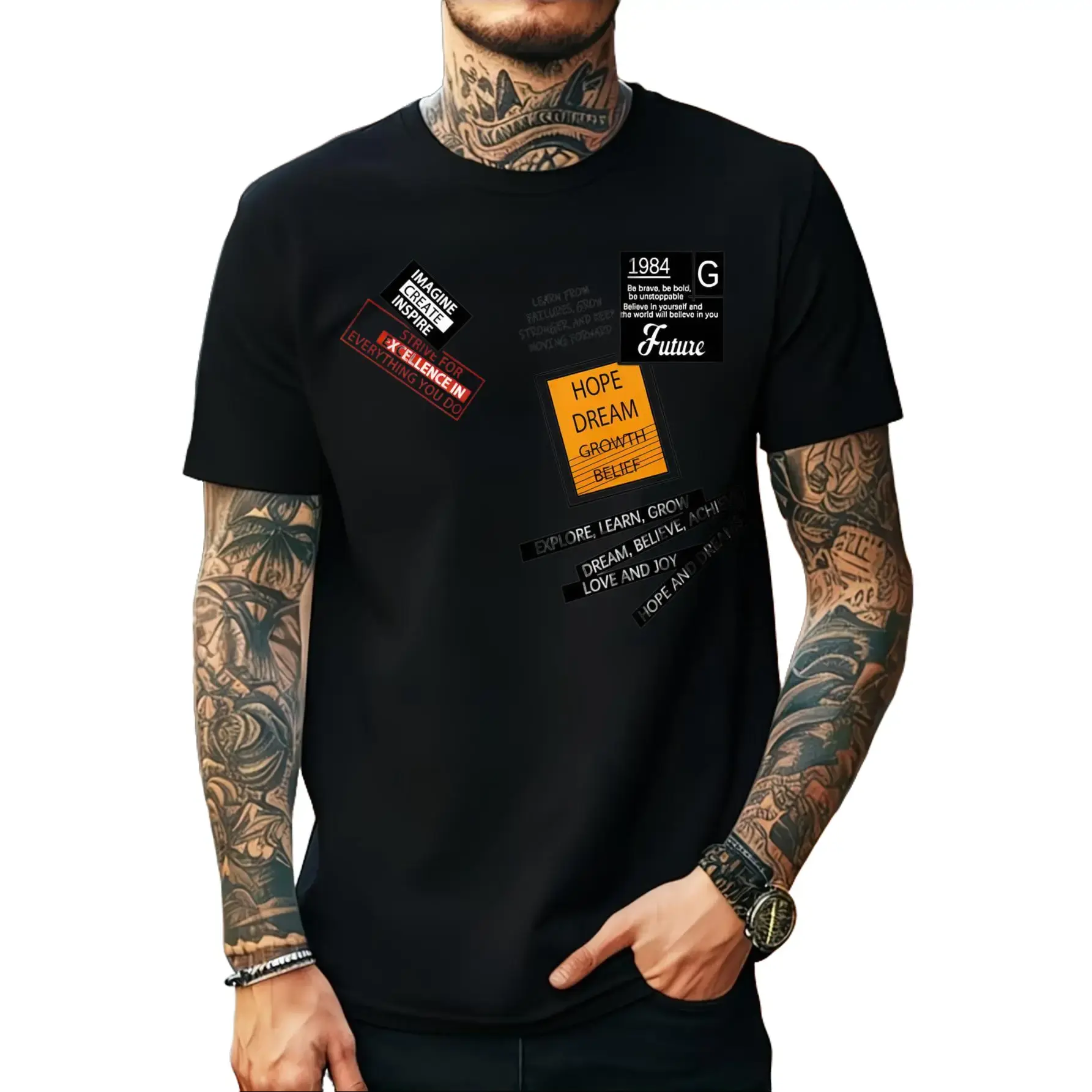 Casual Streetwear Style, Men's T-Shirt, Hope Dream Growth Belief Graphic Print, Summer Daily Wear, Gift For Boyfriend Or Husband