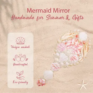 Mermaid Seashell Handheld Mirror Handmade Beach Inspired Gift 100% Handcrafted Organic Nautical Boho 10 cm Diameter Travel Friendly Summer Gift
