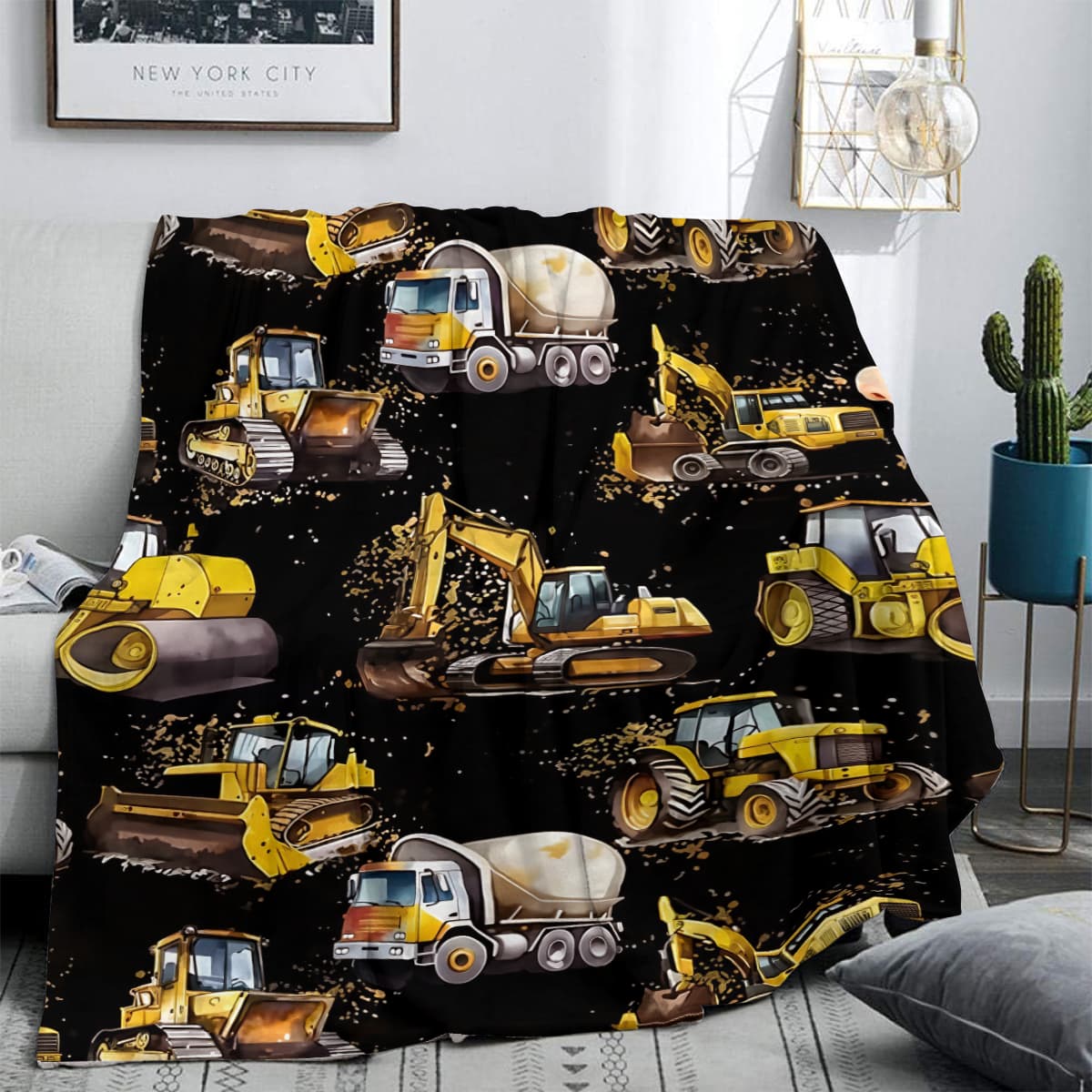 Engineering Car Series Flannel Throw Blanket, Excavator Tractor Pattern, Soft Warm Boy Room Sofa Leisure Blanket, Perfect Gift for Son Grandson