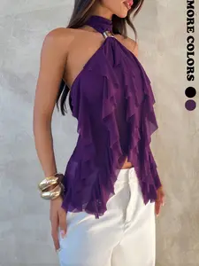 Trendy Ruffle Halter Top, Sheer Mesh Layered Y2K Style, Sleeveless Backless Women's Top, Elegant Flowing Strapless Dress, Womenswear