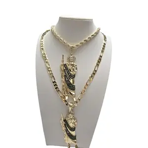 San Judas Tadeo Cedena Pendant and Chain Set 23 Inch Figaro Link or Rope Chain with Green Rhinestones for Subtle Elegance or Bold Statement Jewelry