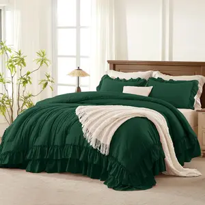 Dark Green Ruffle Comforter King, Farmhouse Comforter, Lightweight Fluffy Microfiber Bet 3 Comforter