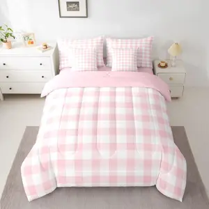 Pink White 7 Piece Bedding Set Buffalo Check Comforter Set with Sheets Plaid Bed in a Bag with Comforter,Sheets,Pillowcases & Cushion Cover Geometric Modern Art Room Decor All Season Soft