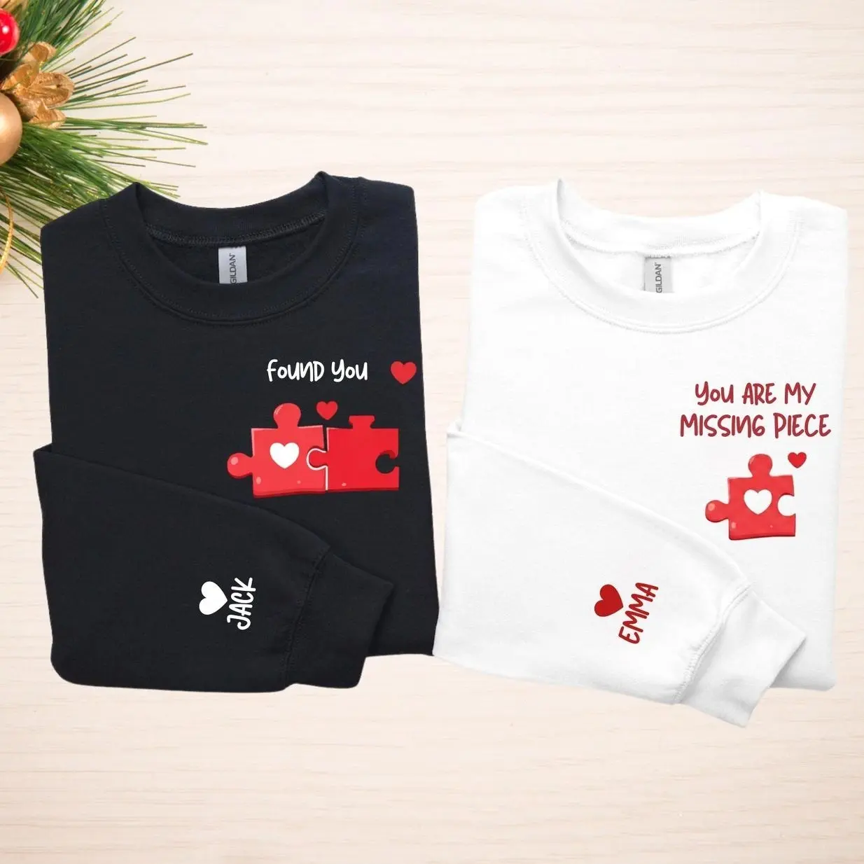 Custom Couples Valentine's Day Sweatshirt - Matching Puzzle Piece Hoodie - Anniversary Gift, Personalized Names, His and Hers Outfit P