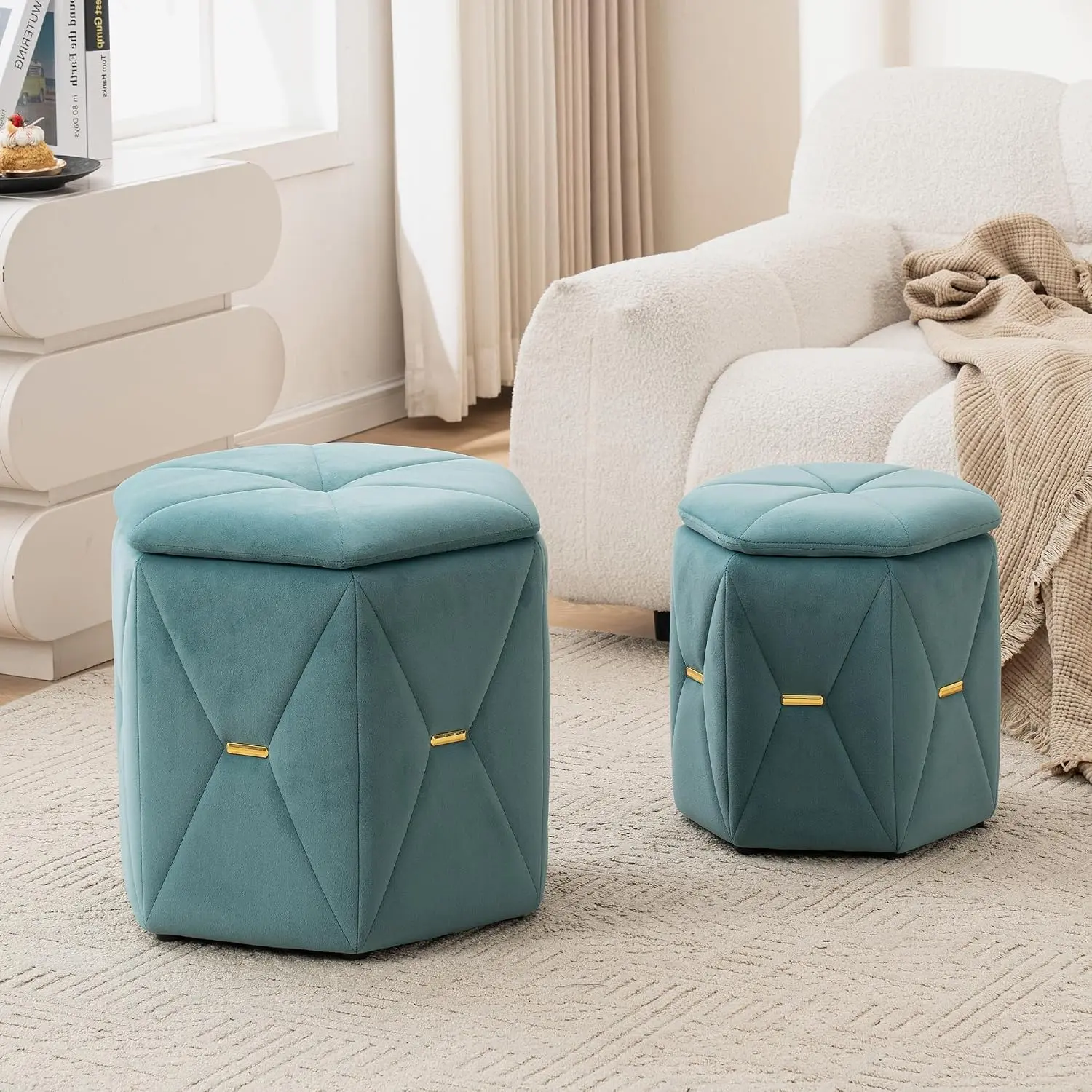 Modern Storage Ottoman Set of 2, Upholstered Velvet Stool with Removable Lid, Foot Rest Stool for Living, Bedroom, Dressing Room