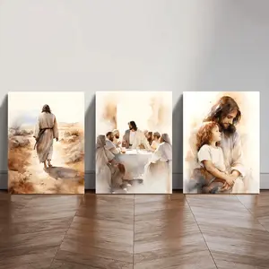 3 Piece Last Supper Wall Art Set, Wooden Frame Canvas Bible Painting, Jesus Christ & Apostles Religious Triptych, 12x16 Inch Christian Home Decor