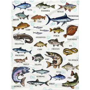 Types of Fish Flannel Fleece Throw Blanket, Ultra Soft Fluffy Fuzzy Blanket for Living Room Bedroom, Fishing Gifts for Dad Grandpa Kids Adults Boys Girls