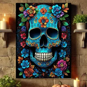 Colorful Floral Sugar Skull Digital Painting Kit for Adults - Blue Skull with Vibrant Flowers & Intricate Patterns | Paint by Numbers Art for Home Wall Decor, Creative Gifts, and Artistic Enjoyment | （16x20inch  Unframed）
