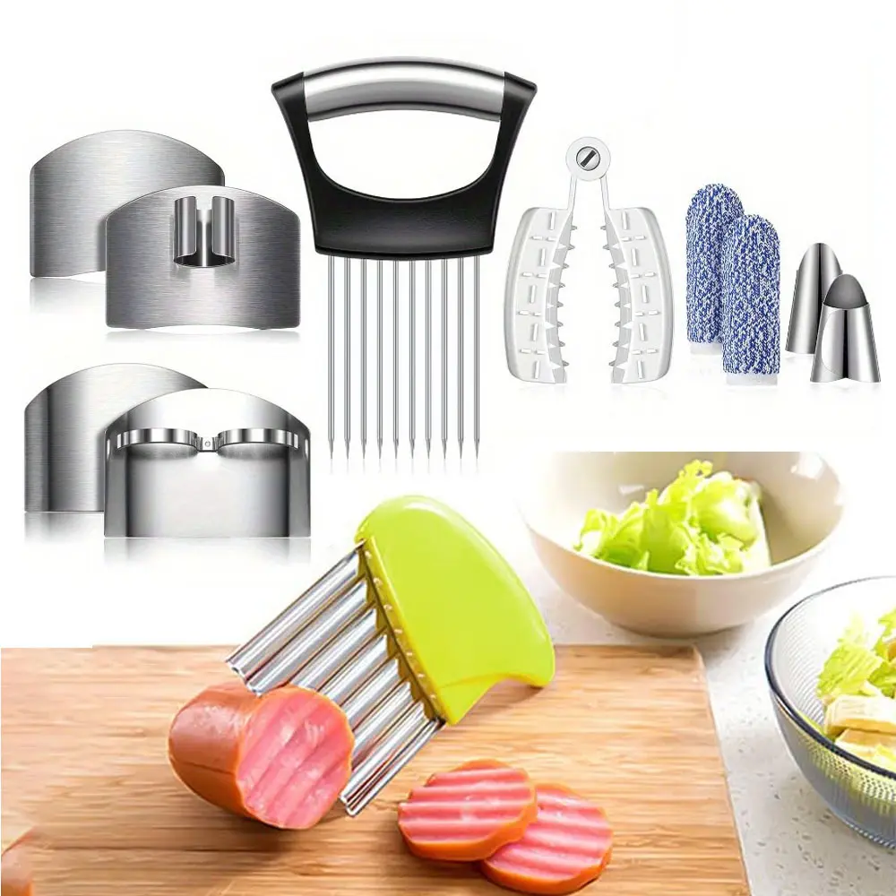 Pack of 11 Kitchen Finger Guard Set for Cutting,Include 4 Stainless Steel Knife Cutting Protector,2 Thumb Guard Protector,2 Finger Cots,Potato Butter Lettuce Crinkle Cutter,Onion Holder,Slicer,Hand Tools Kits,Springtok